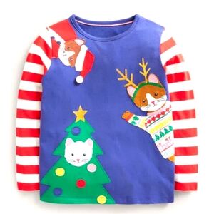 Mini boden Christmas applique t-shirt starboard blue festive cats, size 9-10yr